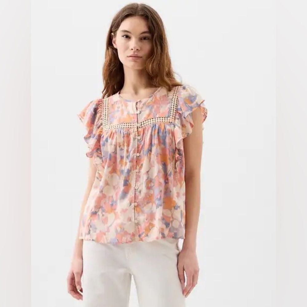 Gap Flutter Sleeve Top Orange Floral Print Multi Size L Spring Cotton Blend Boho